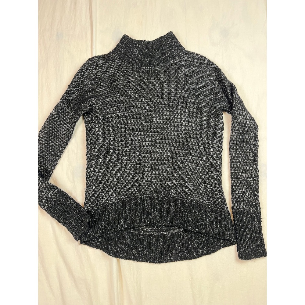 Theory Wool‎ Blend Mock Neck Marled Knit Sweater Black White High Low Hem